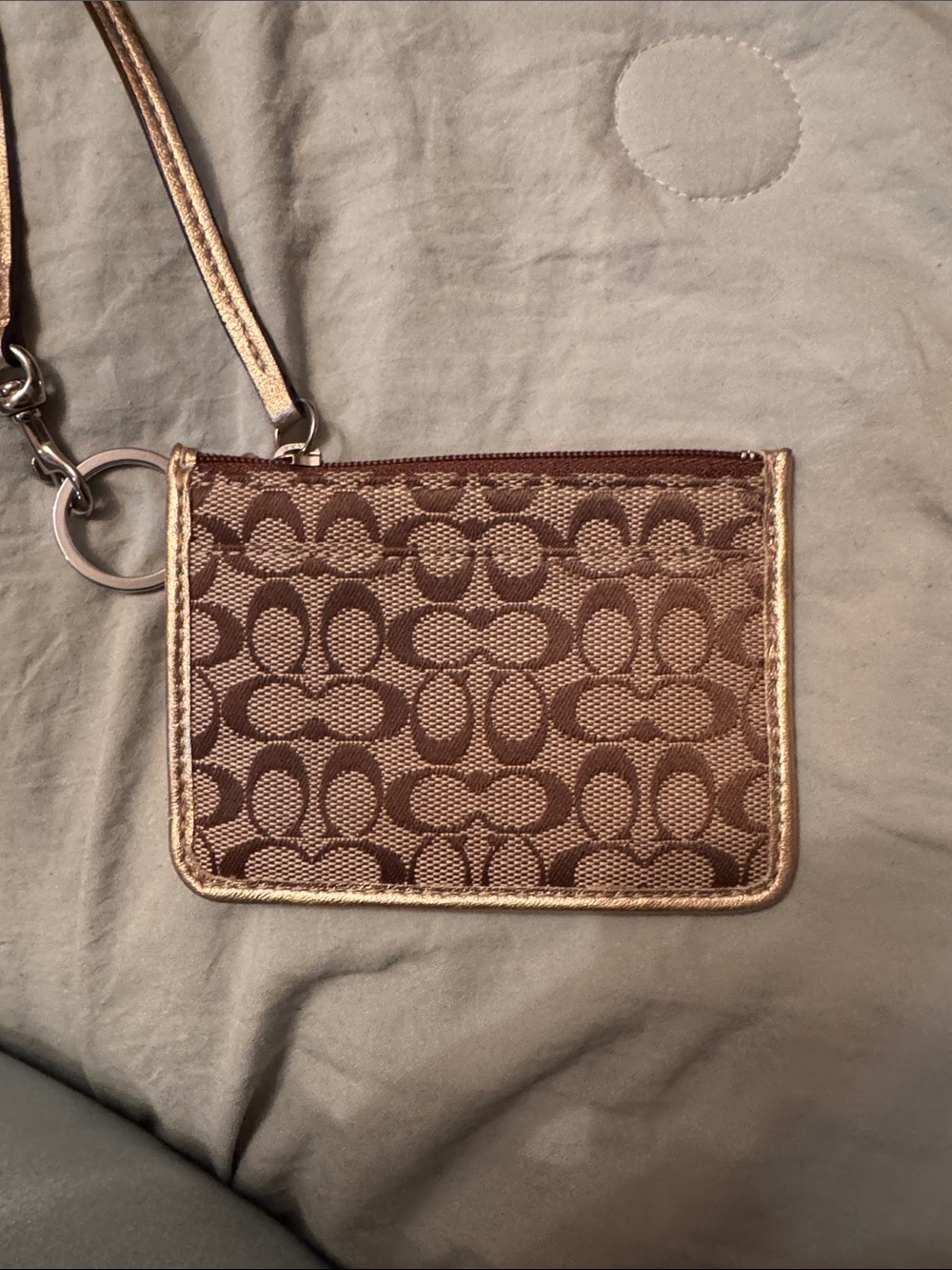 Coach Brown Signature Canvas Wristlet with Metallic Gold Trim